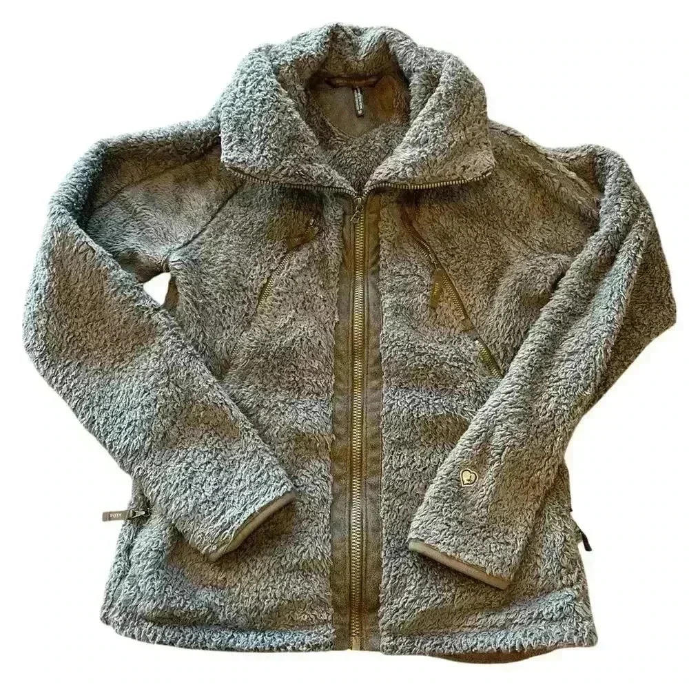 Kuhl Flight Jacket Women's Green Fleece Sherpa Full Zip Hidden Hood Size Medium